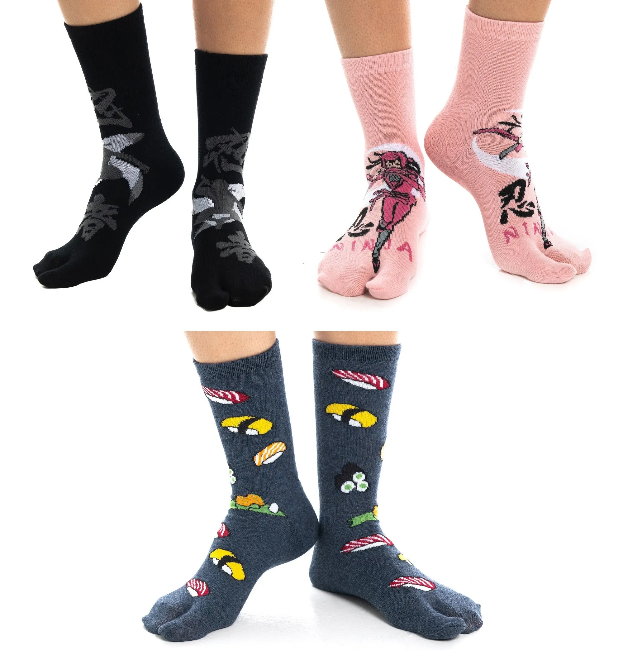 3 Pairs - V-Toe Split Toe Socks Big Toe Tabi Black Ninja, Pink Ninja and Sushi Crew by V-Toe Socks, Inc
