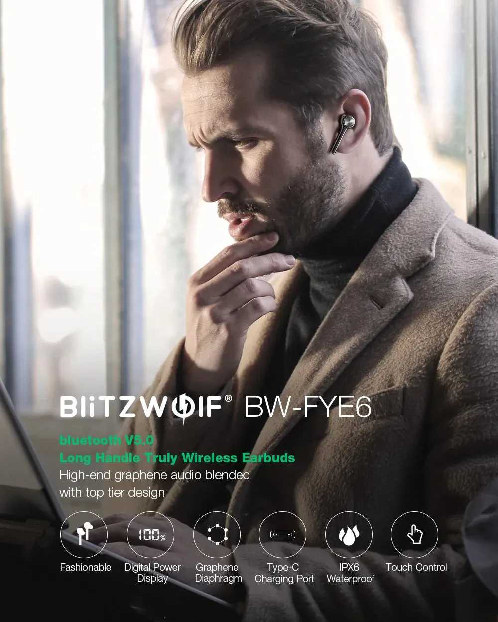 BlitzWolf BW-FYE6 Bluetooth V5.0 In-Ear Earphones | Digital Display Touch Control | Graphene Portable Charger Carry Case for Smartphones