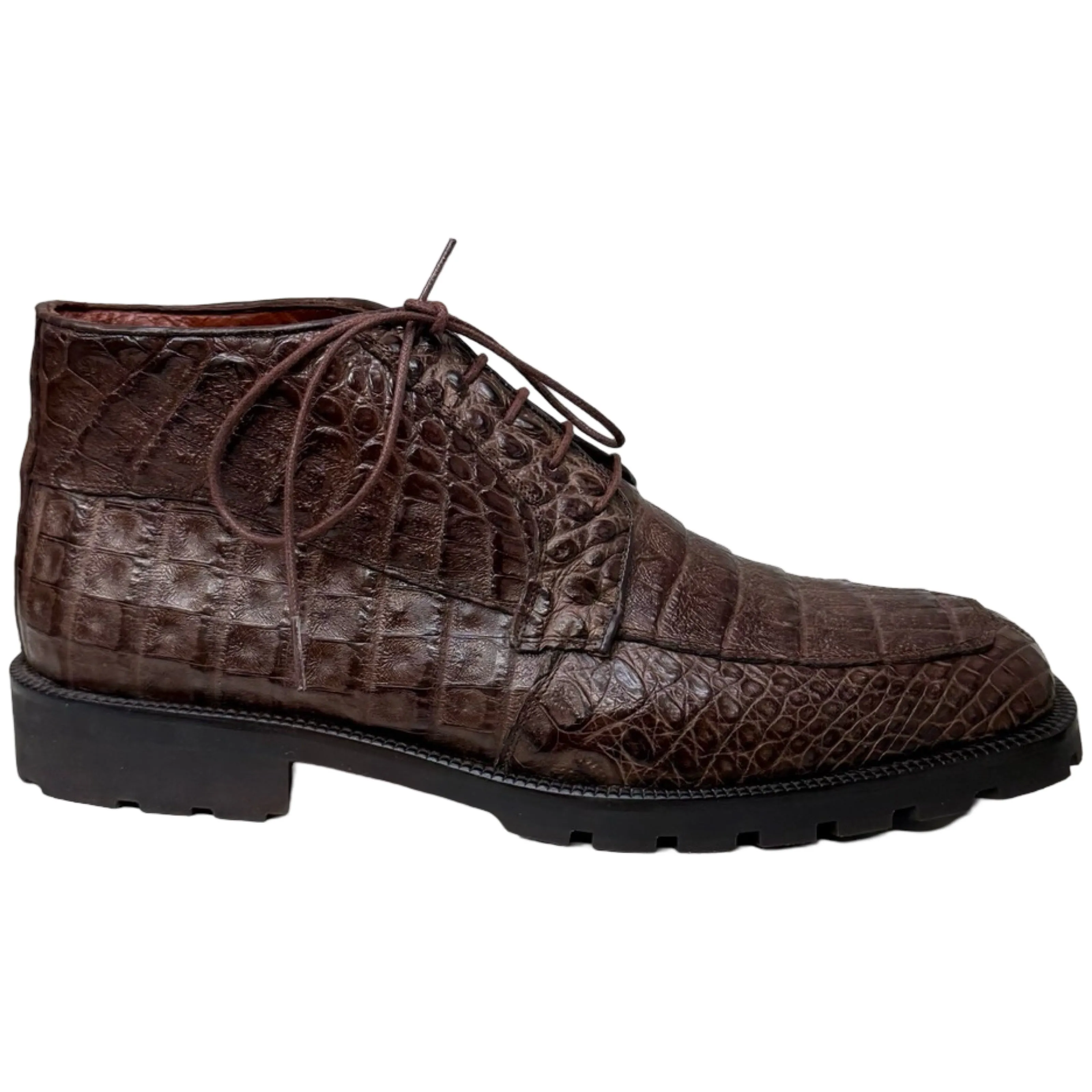 Los Altos Brown All-Over Crocodile Belly Lace Up Ankle Boots