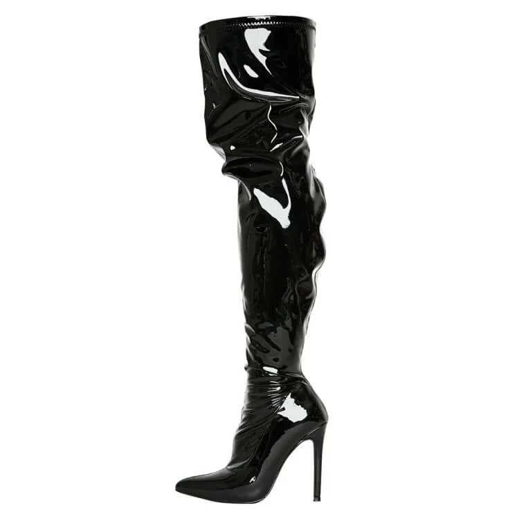 Patent Leather Point Toe High Heel Over Knee Boots