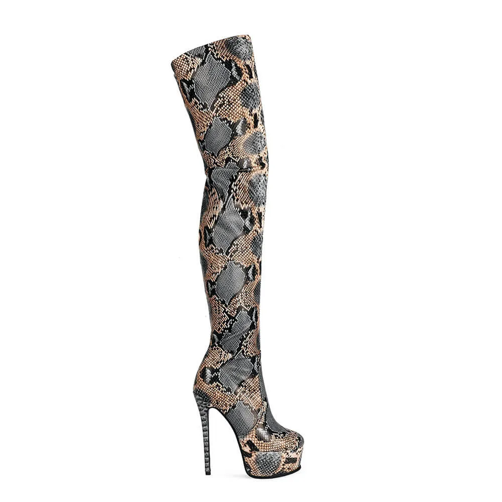PU Print Platform High Heel Thigh High Boots