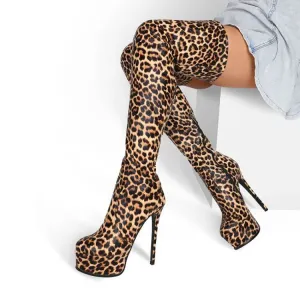 PU Print Platform High Heel Thigh High Boots