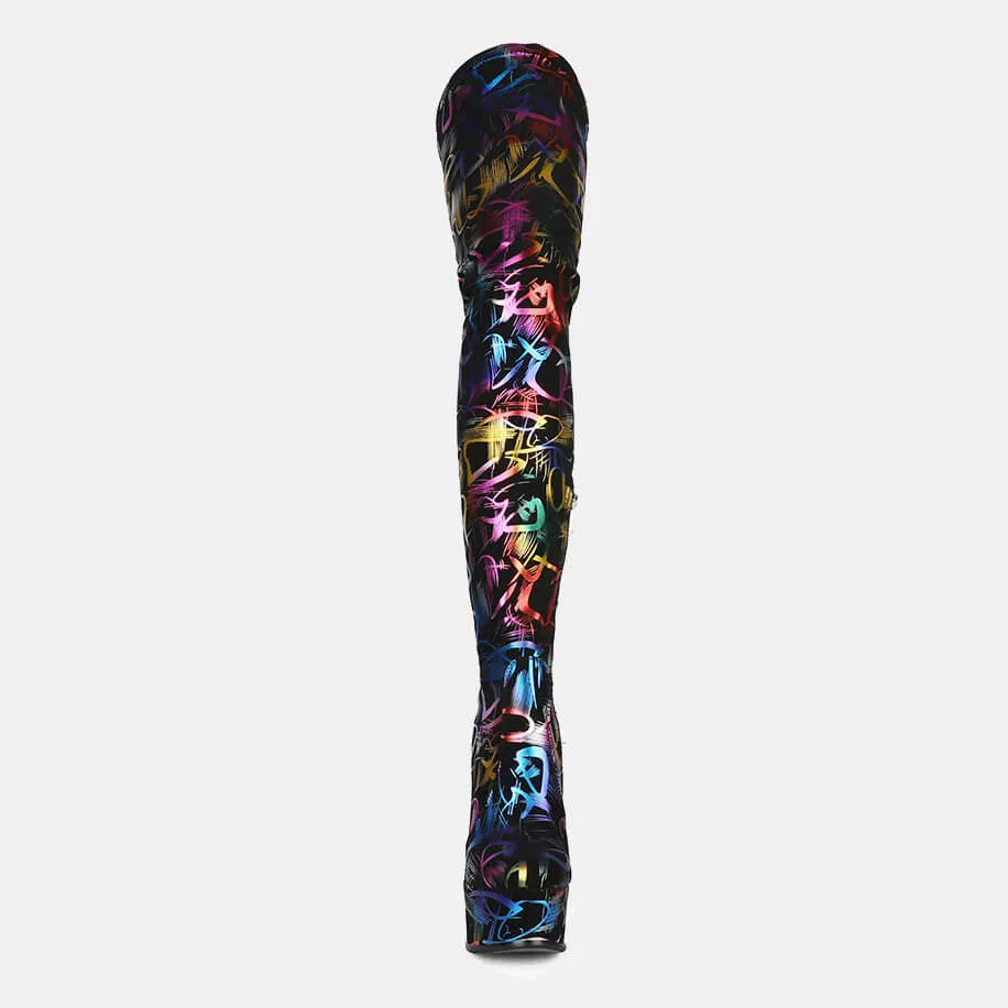 PU Print Platform High Heel Thigh High Boots