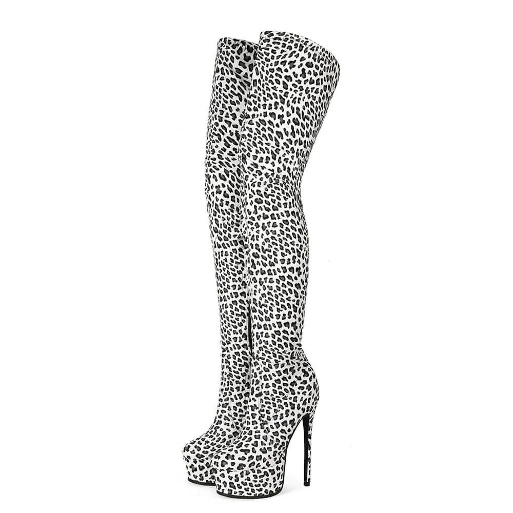 PU Print Platform High Heel Thigh High Boots