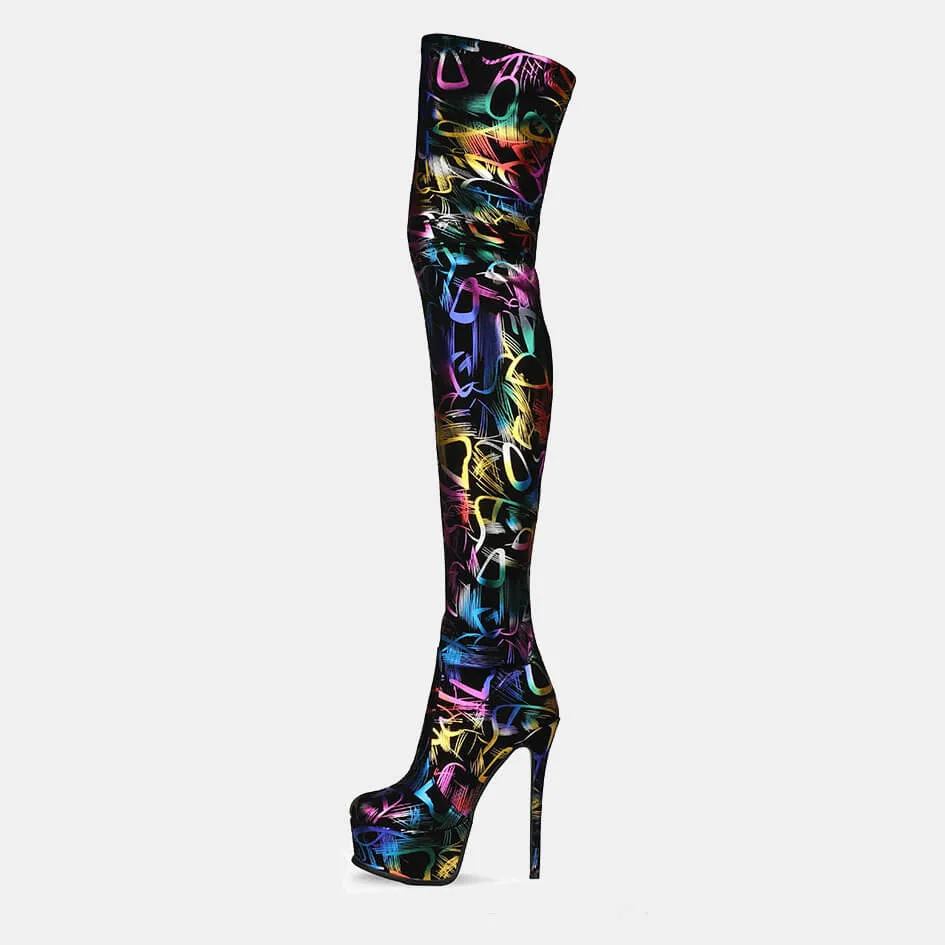 PU Print Platform High Heel Thigh High Boots