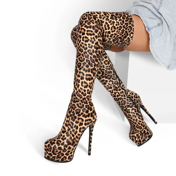 PU Print Platform High Heel Thigh High Boots