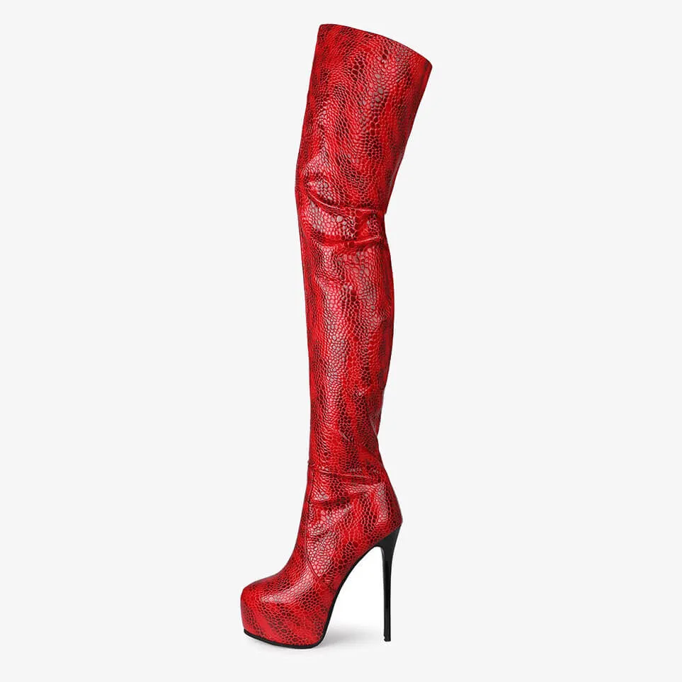 PU Print Platform High Heel Thigh High Boots