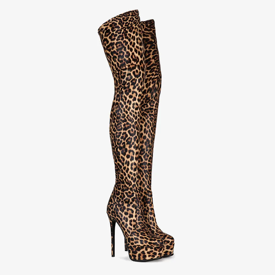 PU Print Platform High Heel Thigh High Boots