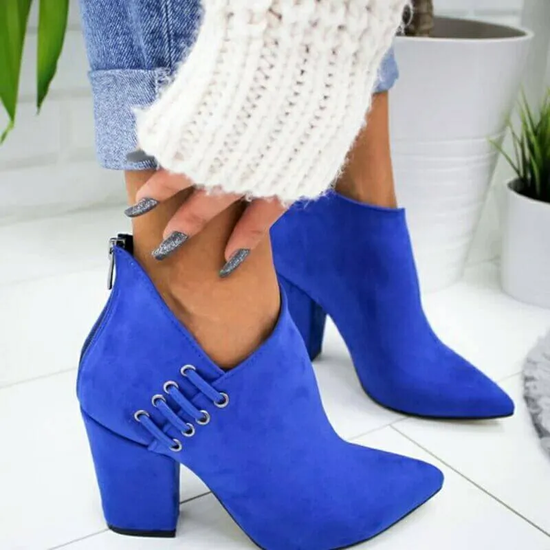 Suede Pointed Toe High Chunky Heel Ankle Boots