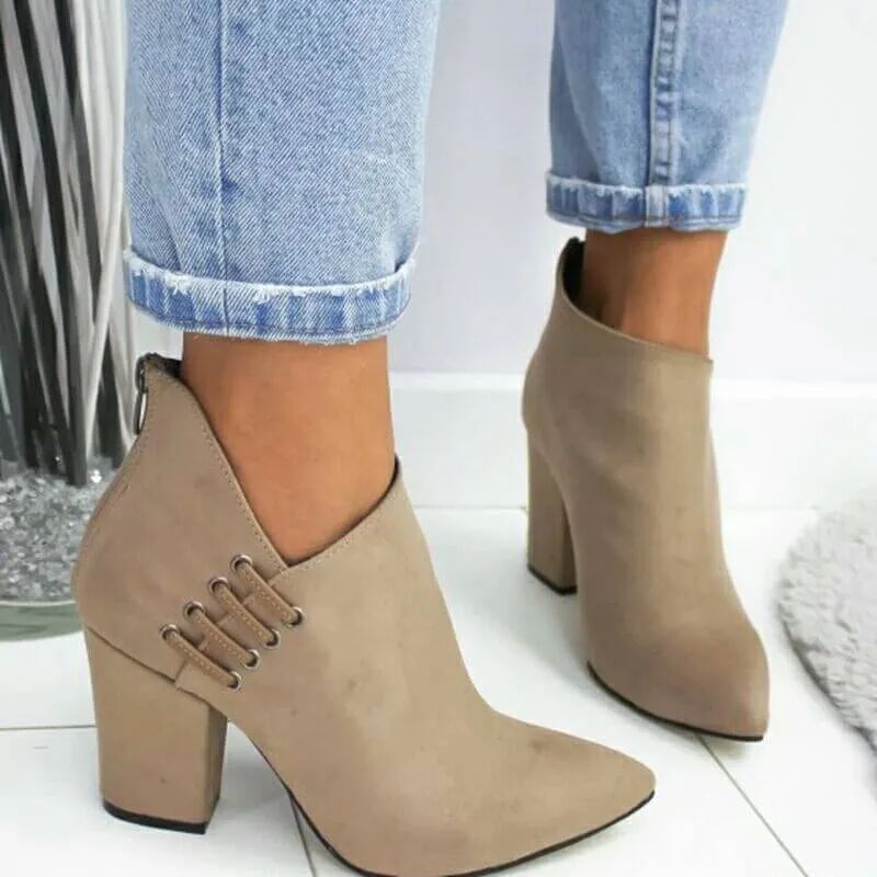 Suede Pointed Toe High Chunky Heel Ankle Boots