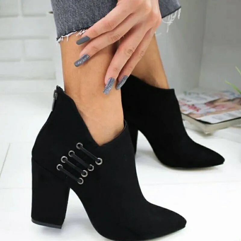 Suede Pointed Toe High Chunky Heel Ankle Boots
