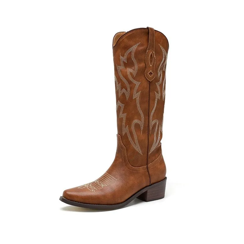 Vintage Pointed Mid Heels V-Mouth Long Boots