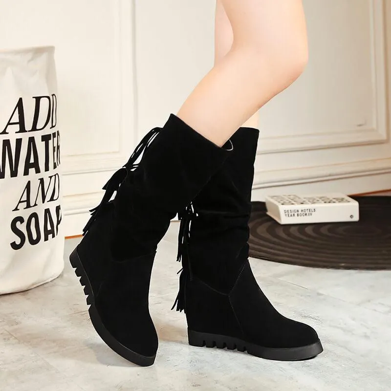 Wedge Flat Suede Fringe Mid Calf Boots