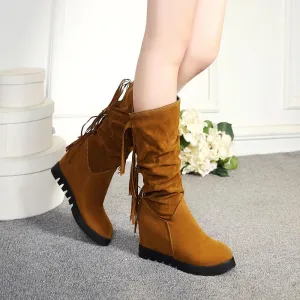 Wedge Flat Suede Fringe Mid Calf Boots