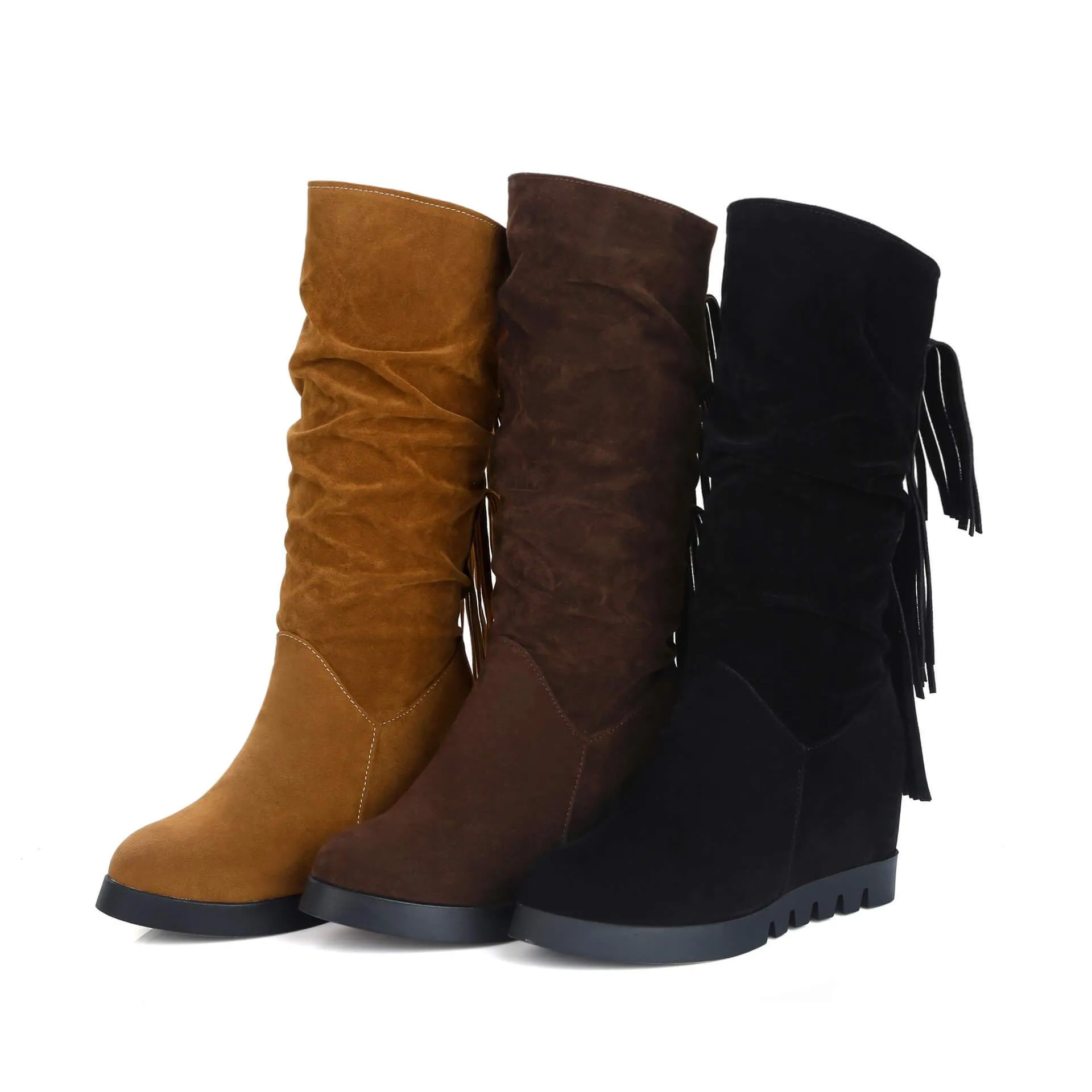 Wedge Flat Suede Fringe Mid Calf Boots