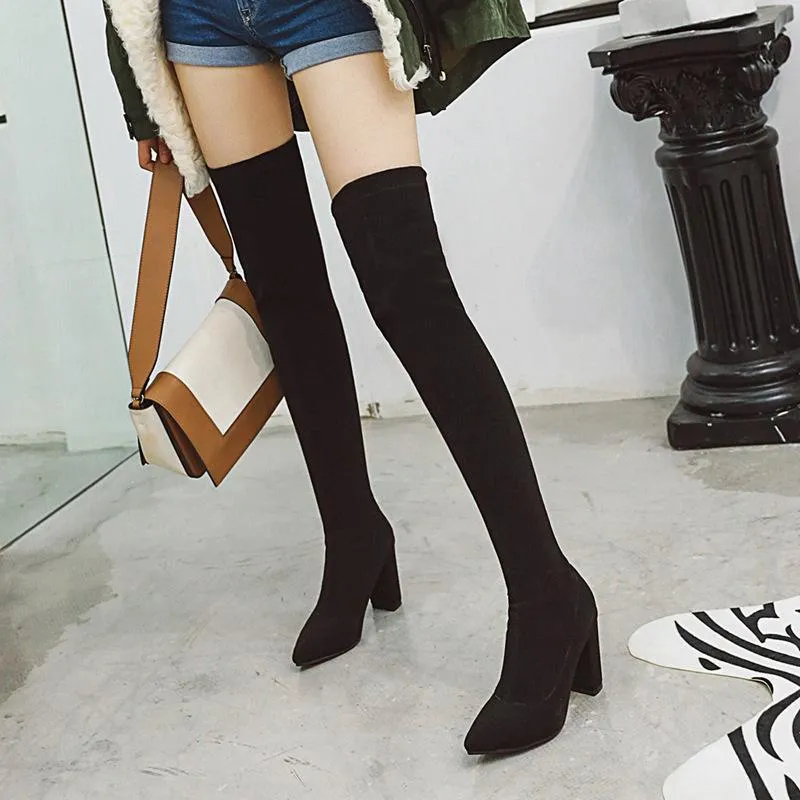 Winter Chunky High Heel Over Knee Sock Boots