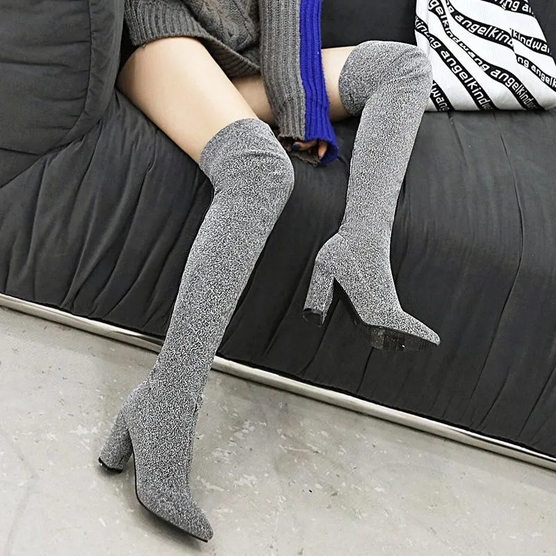 Winter Chunky High Heel Over Knee Sock Boots