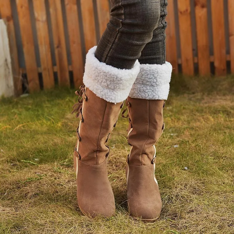 Women's plush cuff back lace-up mid calf snow boots